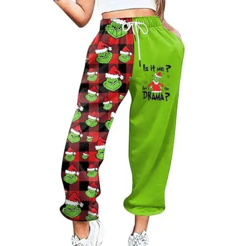 Produktbild: 𝑮𝒓𝒊𝒏𝒄𝒉 Weihnachts Pyjamahose Weihnachts Hosen Jogginghose Weihnachten Herren Damen Anzughose Herren Schlafanzug Weihnachten Kuschelhose Damen Pyjama Damen Kuschelig Hose Weihnachten Rot 2XL